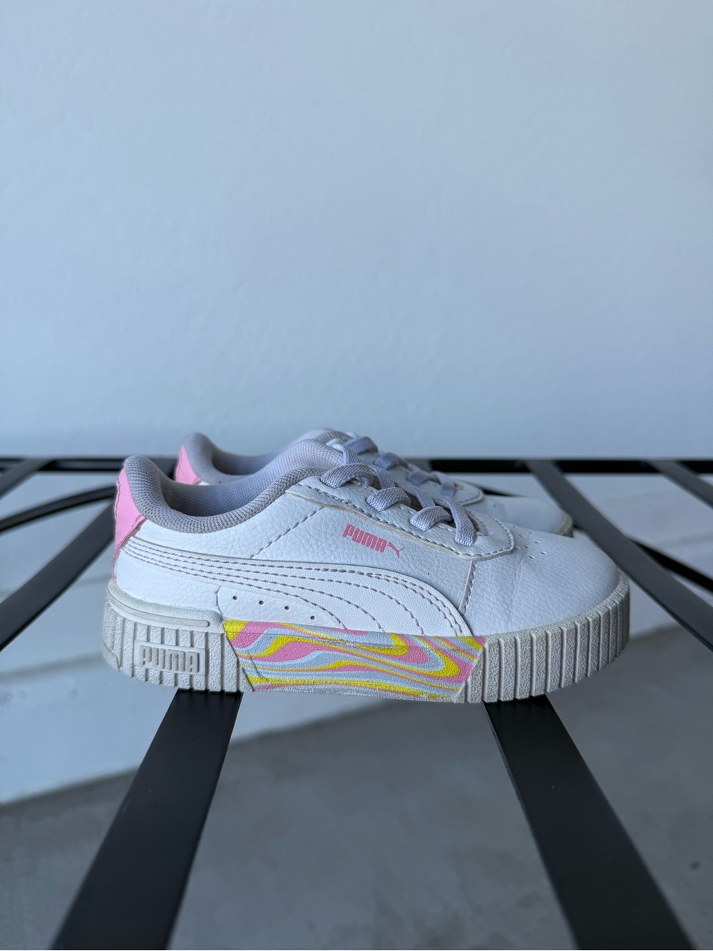 Puma Kids White Sneakers with Pink Heel and Multicolor Swirl